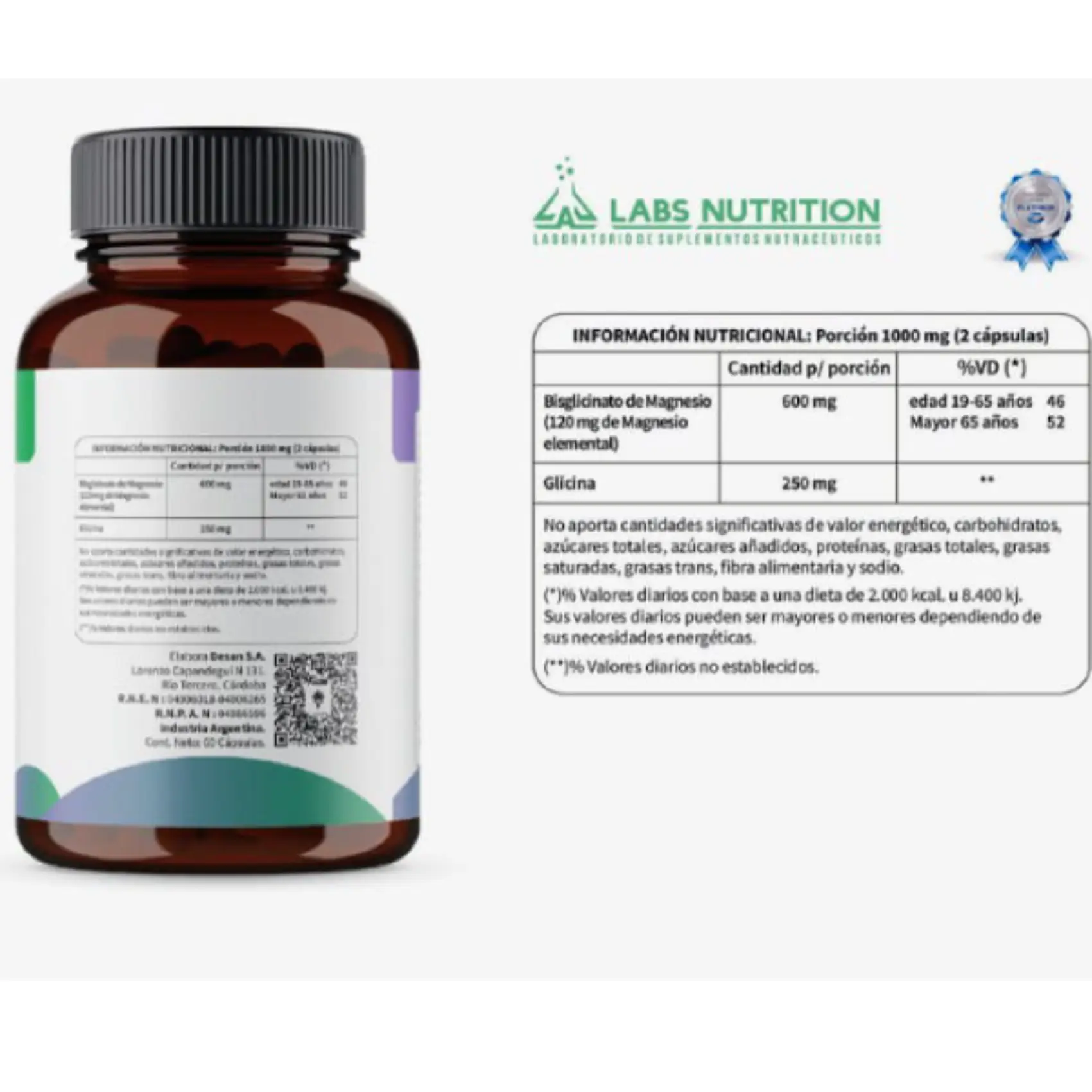 Bisglicinato de magnesio - Labs Nutrition 60 caps - Imagen 3